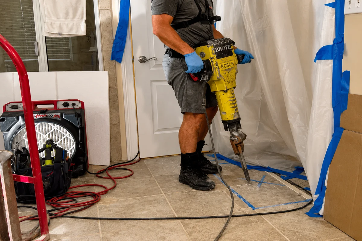 Existing bathroom demolition for a remodeling project, contrasted with ground-up new construction