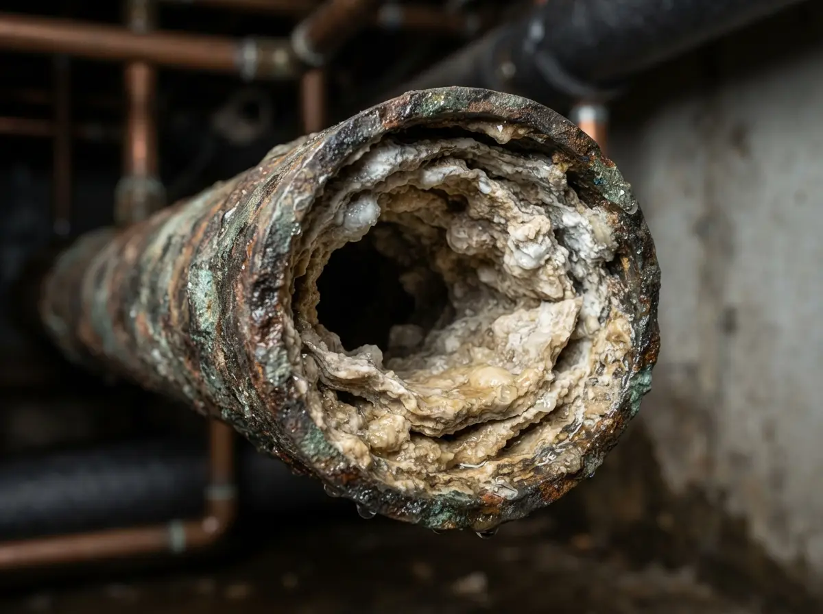 Aging copper and galvanized steel supply pipes under a Ventura home