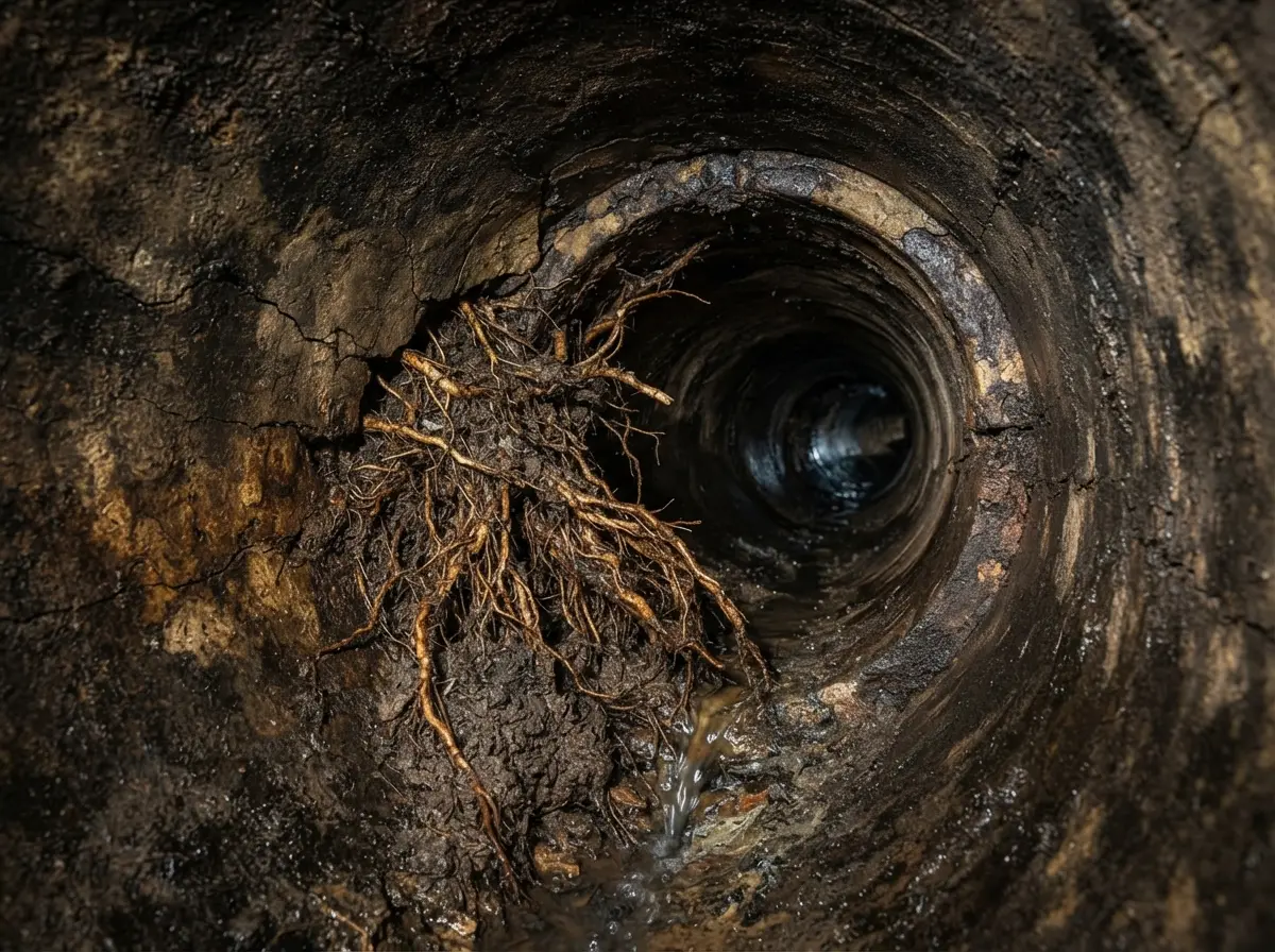 Tree roots growing into an older sewer lateral in Ventura