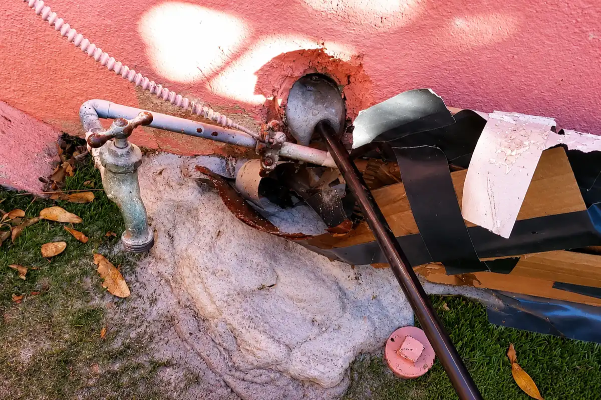 Burst outdoor pipe requiring emergency plumbing repair in Ventura County