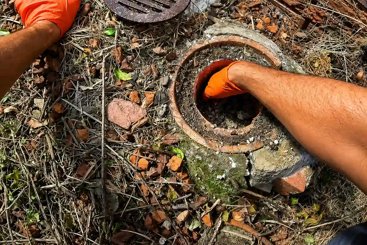 Plumber accessing a drain line through an outdoor cleanout